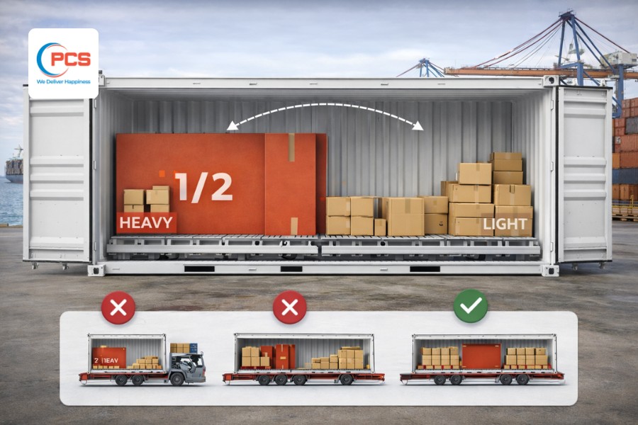 Phân bổ khối lượng trong container phải đều, cân bằng để đảm bảo an toàn và tránh xê dịch hàng hóa. Phân bổ khối lượng trong container phải đều, cân bằng để đảm bảo an toàn và tránh xê dịch hàng hóa.
