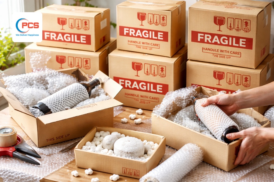 C&aacute;c mặt h&agrave;ng dễ vỡ cần được đ&oacute;ng g&oacute;i, ch&egrave;n l&oacute;t cẩn thận v&agrave; ghi r&otilde; cảnh b&aacute;o h&agrave;ng dễ vỡ b&ecirc;n ngo&agrave;i bao b&igrave;.