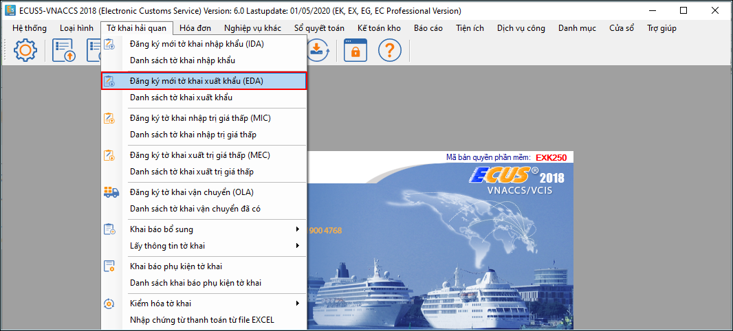 Truy cập chức năng đăng k&yacute; tờ khai xuất khẩu EDA