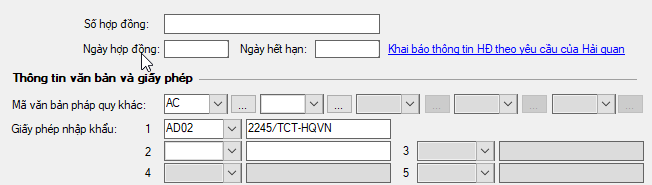 Nhập th&ocirc;ng tin Hợp đồng, Giấy ph&eacute;p