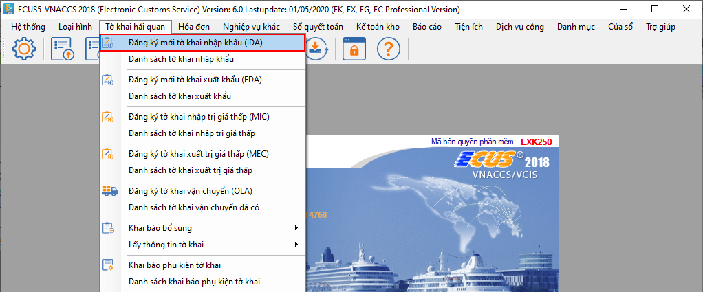 Truy cập chức năng đăng k&yacute; tờ khai nhập khẩu IDA
