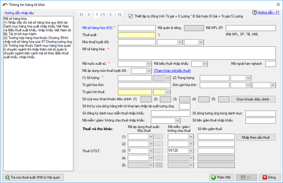 Nhập theo c&aacute;c chỉ ti&ecirc;u đầy đủ của VNACCS