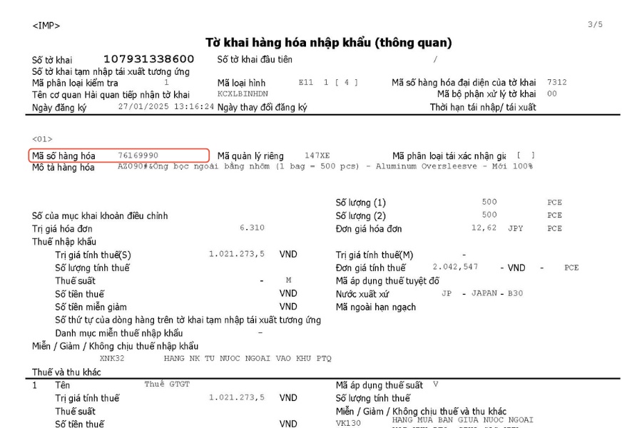 Vị tr&iacute; m&atilde; HS tr&ecirc;n tờ khai hải quan nhập khẩu