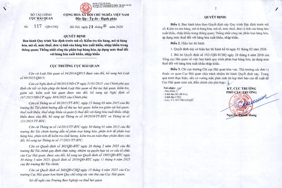 Quy tr&igrave;nh x&aacute;c định trước m&atilde; số; kiểm tra t&ecirc;n, m&ocirc; tả h&agrave;ng h&oacute;a, m&atilde; HS, mức thuế, đơn vị t&iacute;nh trong th&ocirc;ng quan theo Quyết định 117/QĐ-CHQ