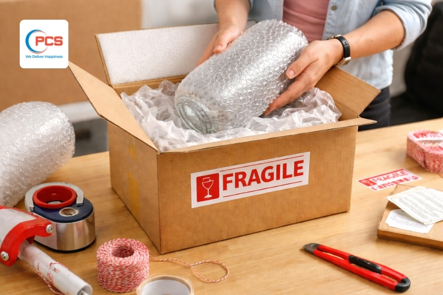 Đóng gói hàng thủy tinh cần lớp lót dày, chịu va đập tốt và hạn chế khoảng trống trong thùng Đóng gói hàng thủy tinh cần lớp lót dày, chịu va đập tốt và hạn chế khoảng trống trong thùng