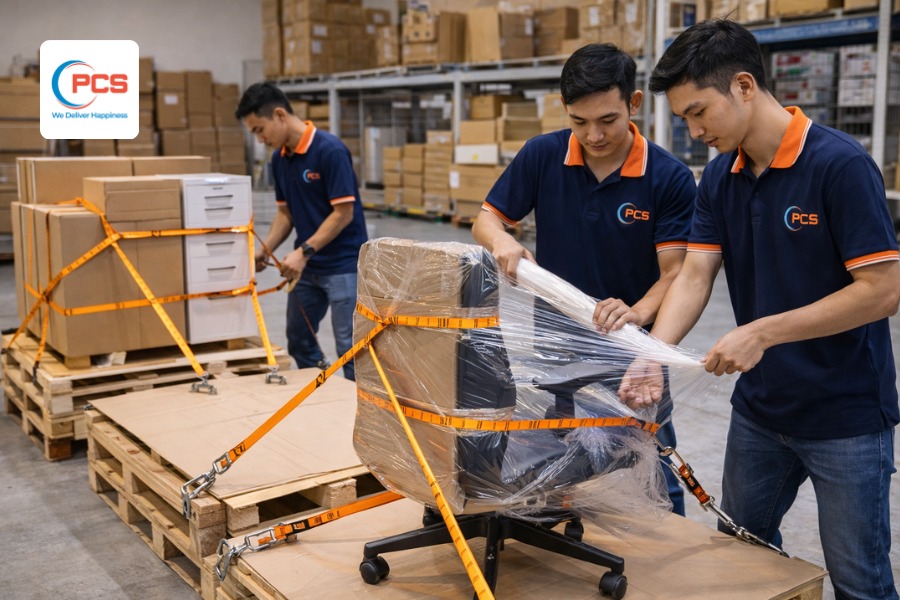 H&agrave;ng nội thất văn ph&ograve;ng đang được đ&oacute;ng g&oacute;i theo dịch vụ smart pallet