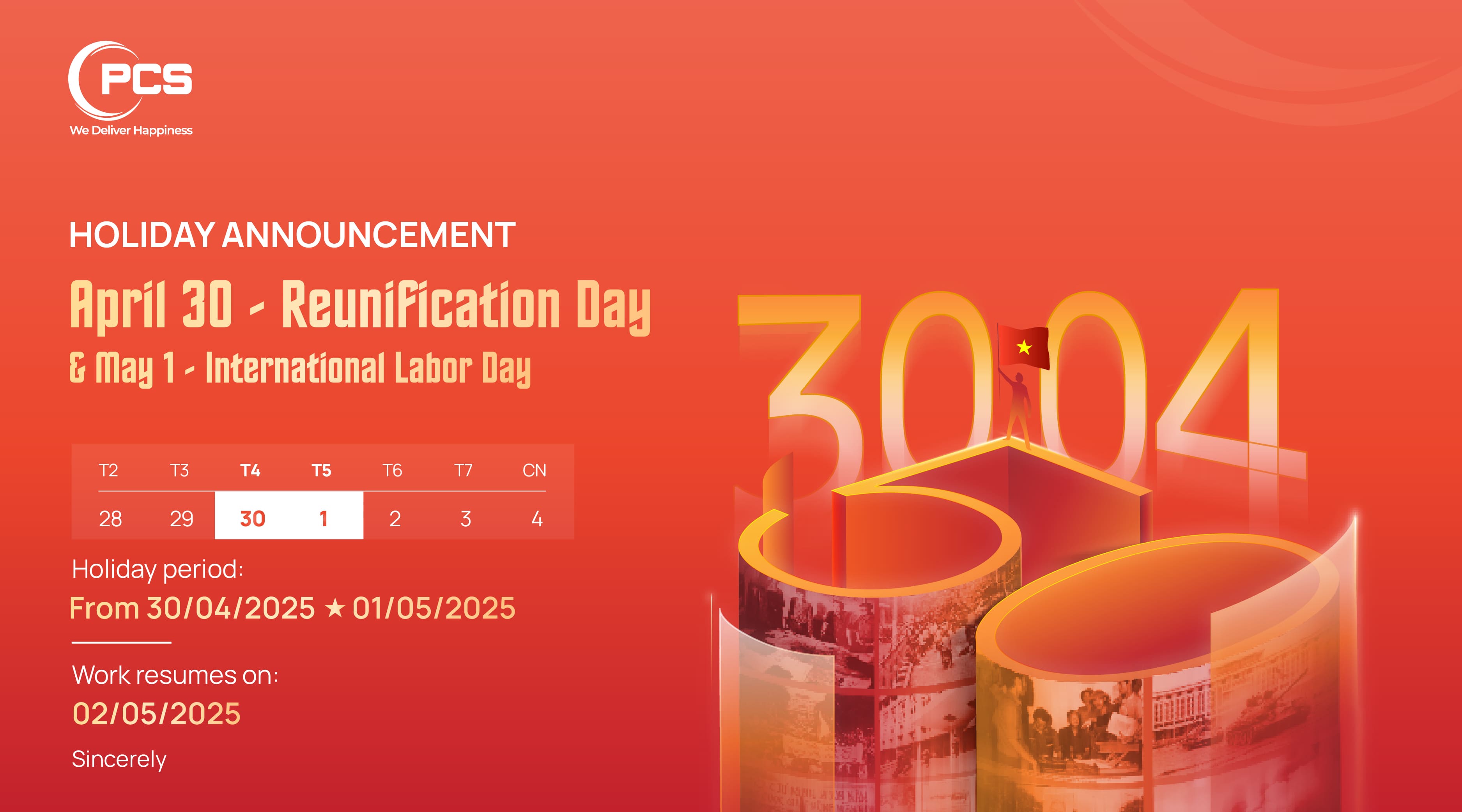 Th&ocirc;ng b&aacute;o nghỉ lễ 30 th&aacute;ng 4 năm 2025 PCS Logistics