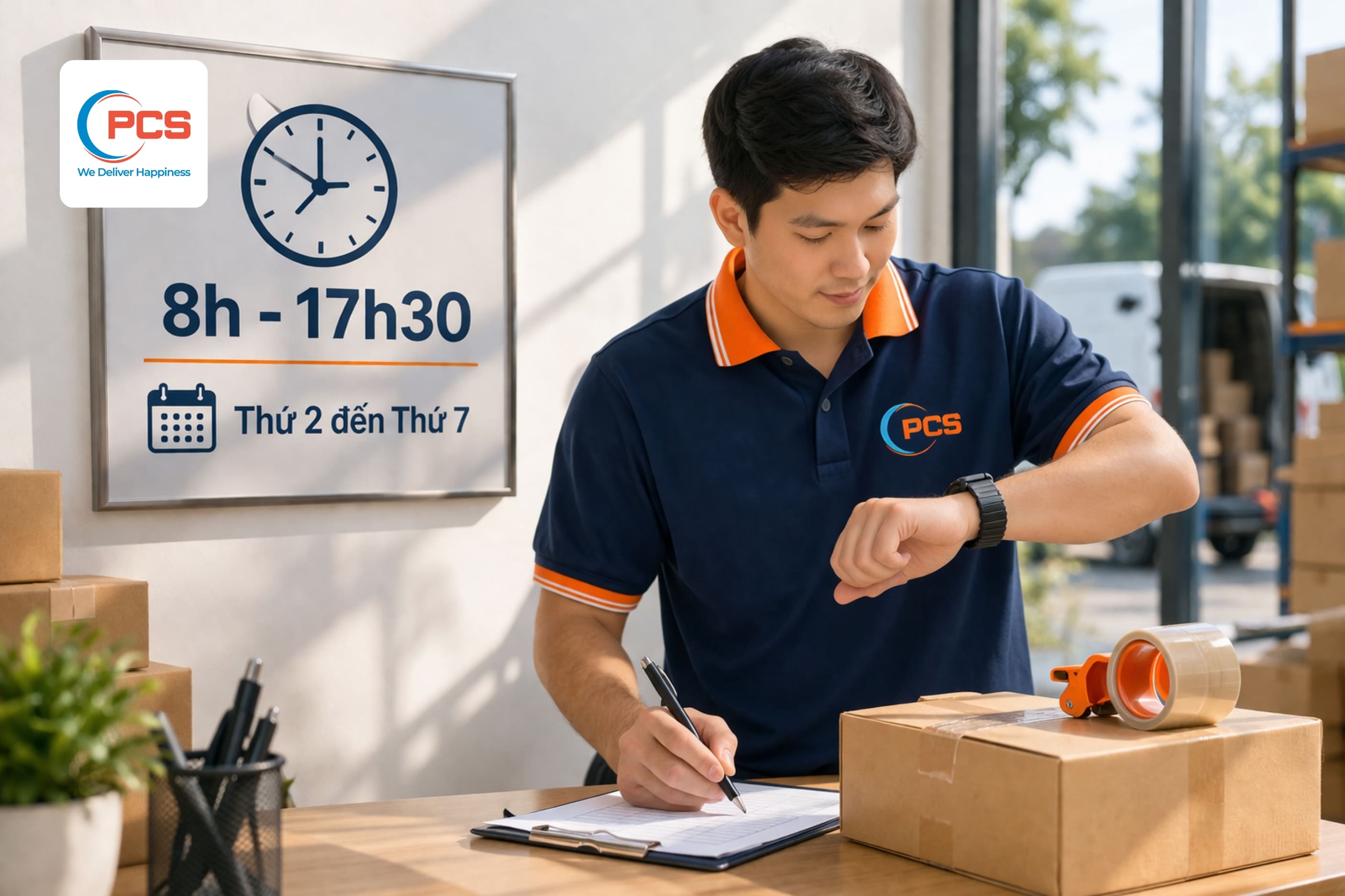 Pcs Logistics làm việc giờ hành chính từ thứ 2 đến hết thứ 7 Pcs Logistics làm việc giờ hành chính từ thứ 2 đến hết thứ 7