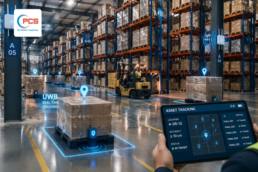 C&ocirc;ng nghệ 5G v&agrave; UWB gi&uacute;p định vị pallet ch&iacute;nh x&aacute;c theo thời gian thực với độ ổn định cao trong mọi điều kiện kho b&atilde;i&nbsp;