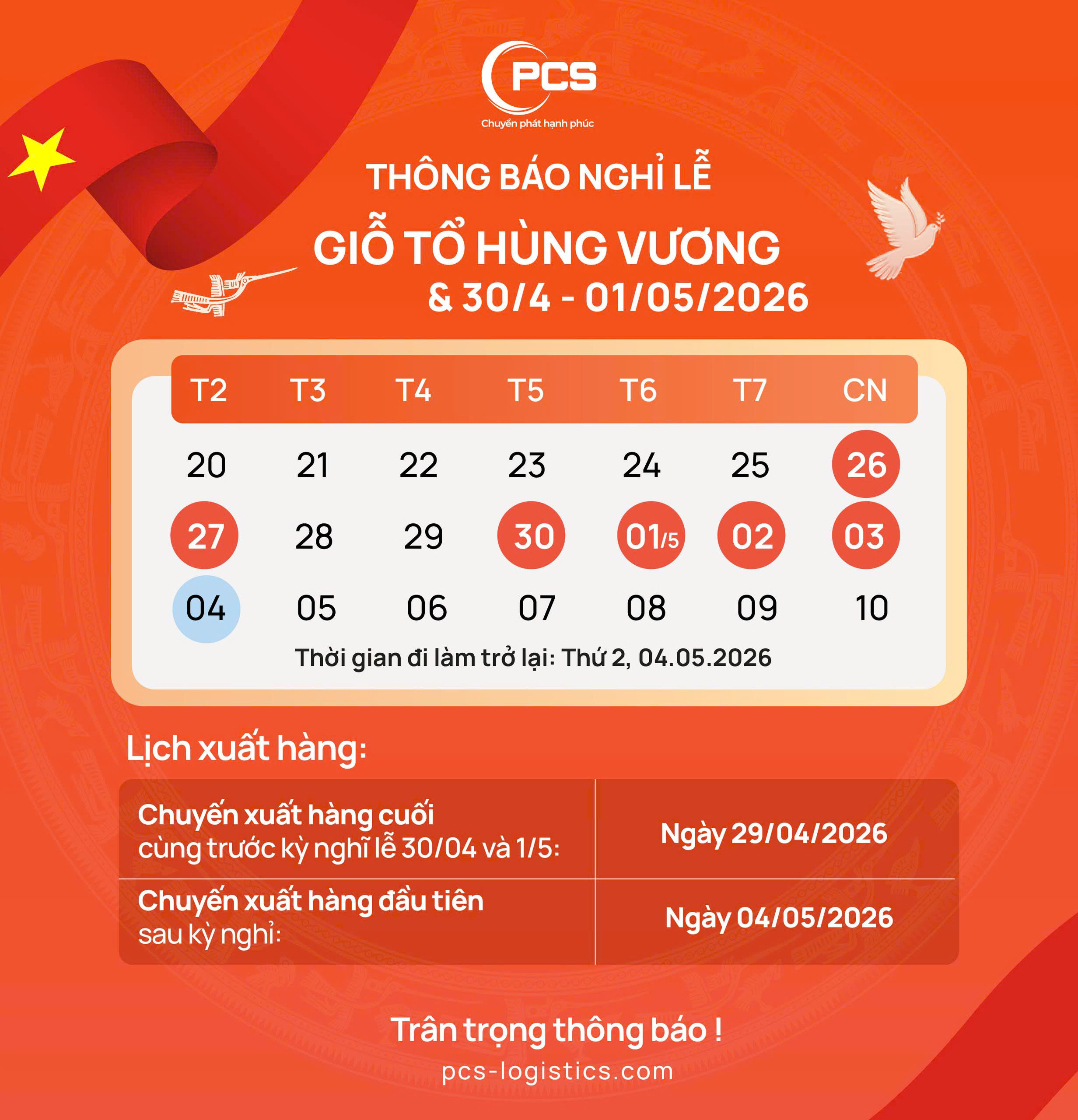 Thông báo nghỉ lễ 30/4