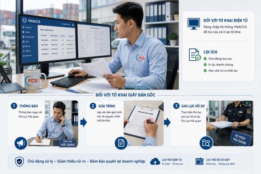 Chủ động th&ocirc;ng b&aacute;o, giải tr&igrave;nh v&agrave; thực hiện thủ tục sao lục hồ sơ gi&uacute;p doanh nghiệp hạn chế c&aacute;c rủi ro ph&aacute;p l&yacute; ph&aacute;t sinh khi mất tờ khai hải quan.&nbsp;