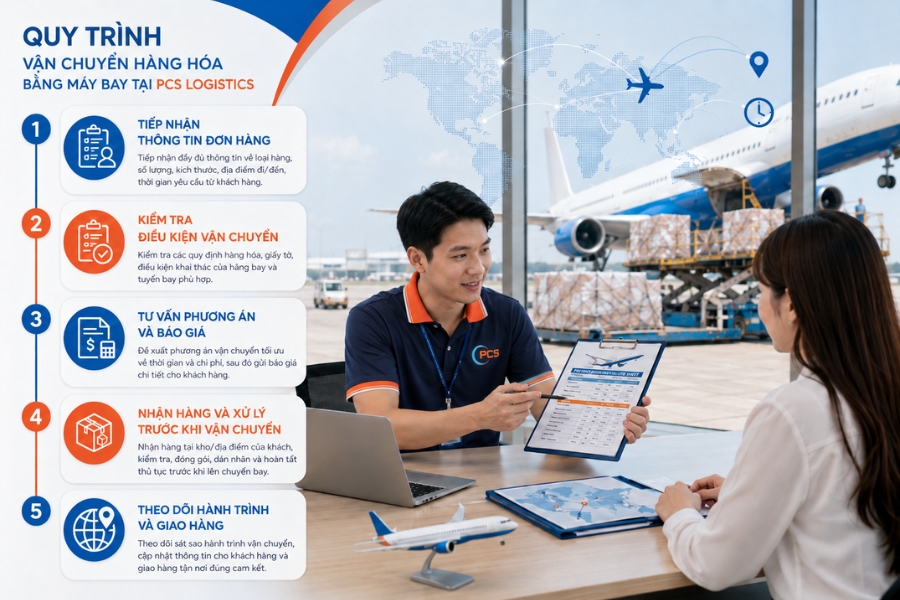 Quy tr&igrave;nh vận chuyển h&agrave;ng h&oacute;a bằng m&aacute;y bay của PCS Logistics