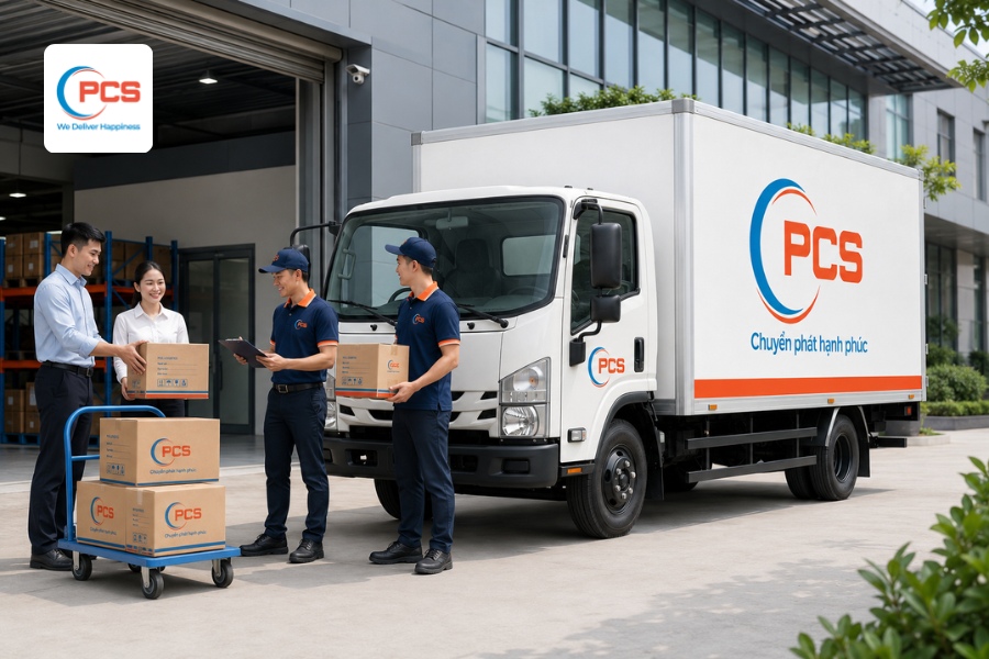 PCS Logistics lấy h&agrave;ng từ kho, nh&agrave; m&aacute;y, xưởng sản xuất v&agrave; giao v&agrave;o si&ecirc;u thị theo kế hoạch ph&acirc;n phối.&nbsp;