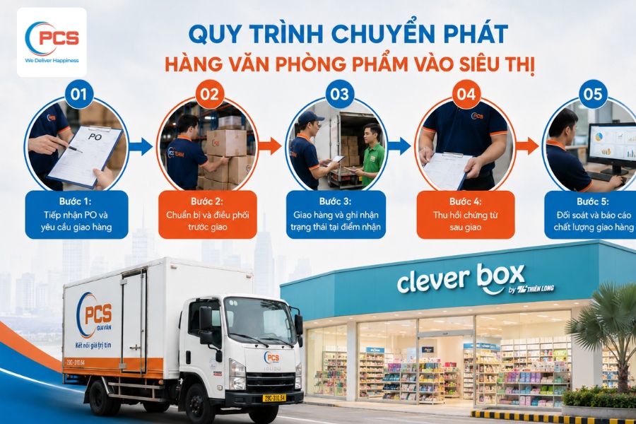 Quy tr&igrave;nh PCS Logistics gi&uacute;p kiểm so&aacute;t đơn văn ph&ograve;ng phẩm từ lấy h&agrave;ng, chia đơn đến giao si&ecirc;u thị v&agrave; thu hồi chứng từ.&nbsp;