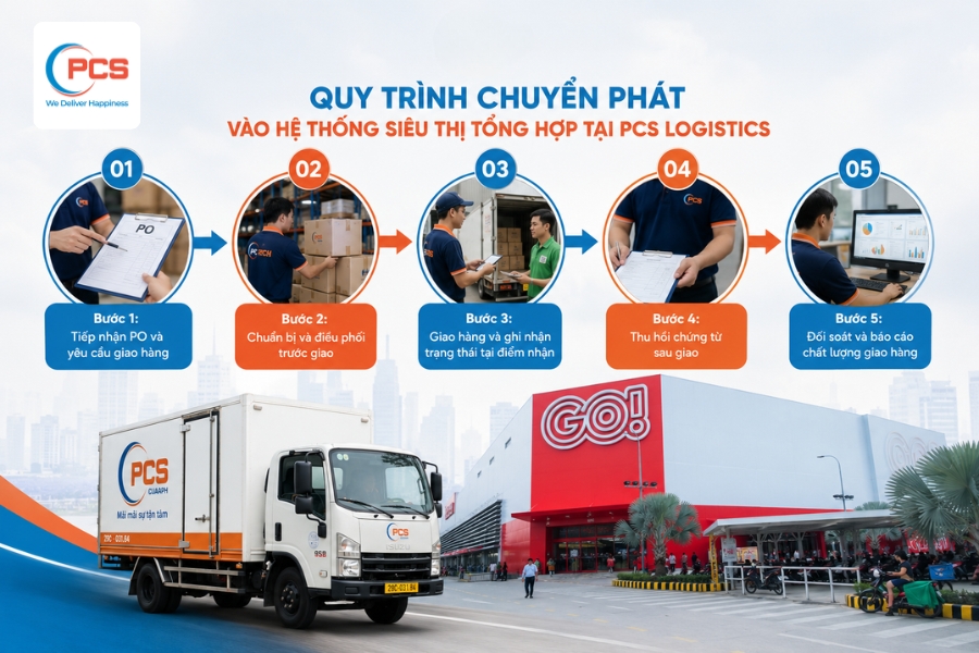 Quy tr&igrave;nh PCS Logistics&nbsp; giao h&agrave;ng v&agrave;o si&ecirc;u thị được tối ưu gi&uacute;p hạn chế sai s&oacute;t, rủi ro nhập chậm.