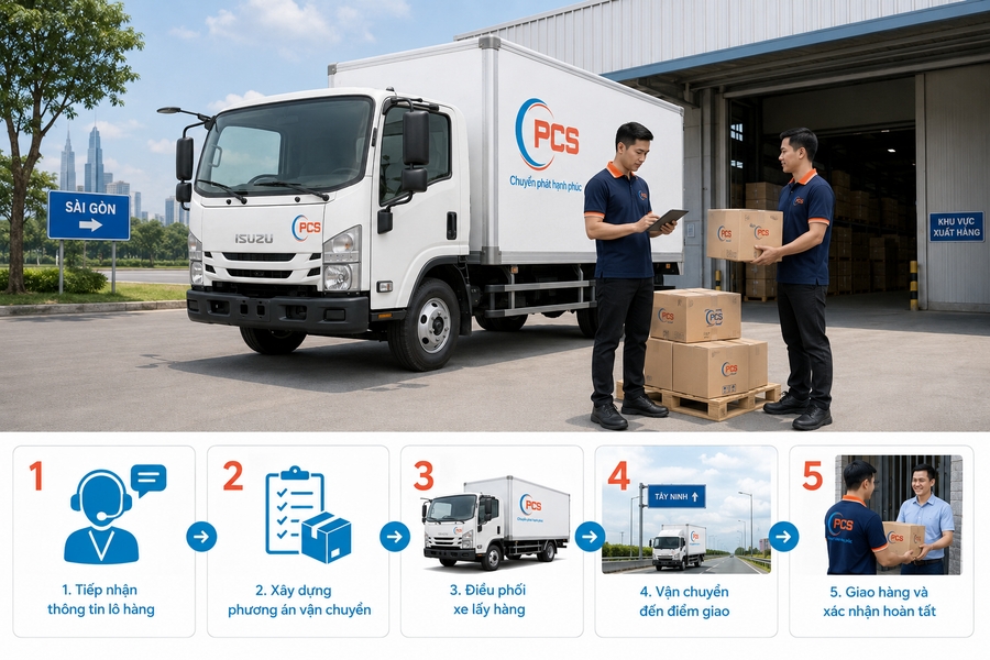 Quy tr&igrave;nh vận chuyển S&agrave;i G&ograve;n - T&acirc;y Ninh được PCS Logistics tổ chức xuy&ecirc;n suốt, đảm bảo h&agrave;ng h&oacute;a giao đ&uacute;ng địa điểm.