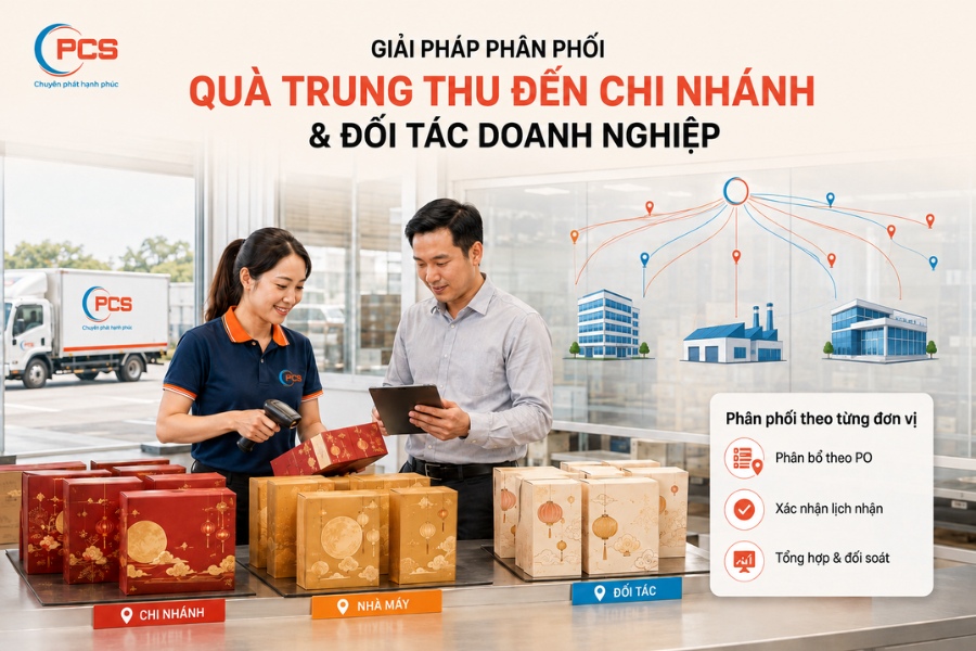 PCS Logistics ph&acirc;n phối qu&agrave; Trung thu đến chi nh&aacute;nh, văn ph&ograve;ng, nh&agrave; m&aacute;y v&agrave; đối t&aacute;c theo kế hoạch của doanh nghiệp.&nbsp;