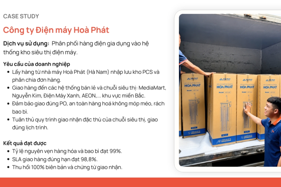 PCS Logistics triển khai ph&acirc;n phối h&agrave;ng điện gia dụng cho Điện m&aacute;y H&ograve;a Ph&aacute;t với tỷ lệ giao gần tối đa.