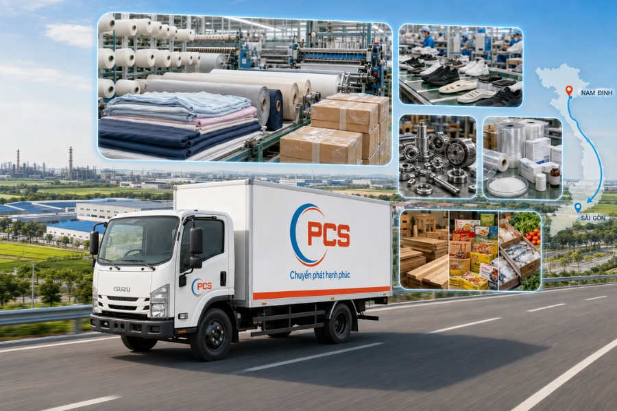 PCS Logistics kết nối nguồn hàng từ nhà máy, kho xưởng tại Nam Định đến kho, nhà máy, đại lý và trung tâm phân phối tại Sài Gòn. PCS Logistics kết nối nguồn hàng từ nhà máy, kho xưởng tại Nam Định đến kho, nhà máy, đại lý và trung tâm phân phối tại Sài Gòn.