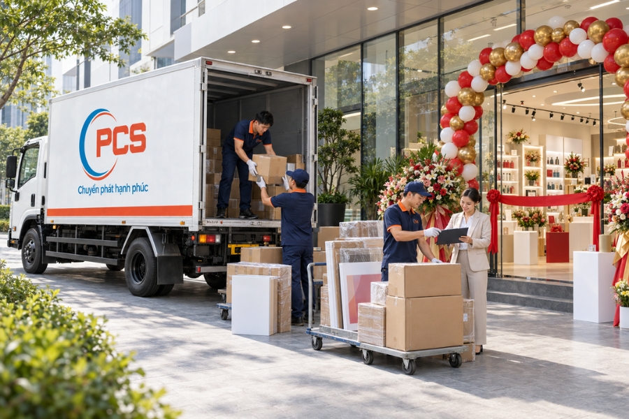 PCS Logistics điều phối h&agrave;ng khai trương đến showroom đ&uacute;ng khu vực v&agrave; thời gian doanh nghiệp y&ecirc;u cầu.&nbsp;
