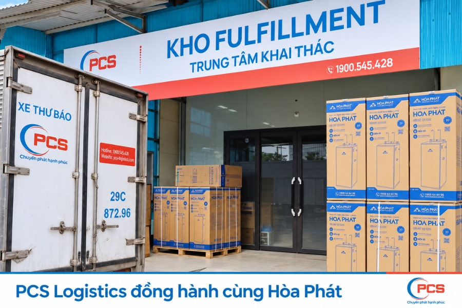 Xe PCS Logistics tại kho fulfillment, b&ecirc;n cạnh c&aacute;c pallet h&agrave;ng H&ograve;a Ph&aacute;t